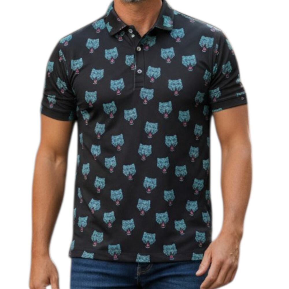 Men's Bad Birdie XL Performance Polo Short Sleeve Black & Teal Leopard Head